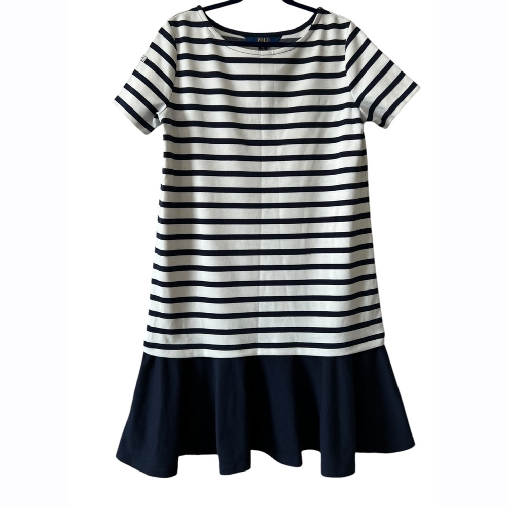 Polo Ralph Lauren Girls Blue‎ & White Short Sleeve Striped Ponte Jersey Dress